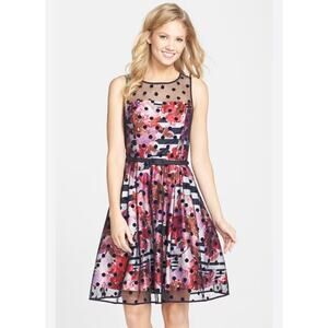 Eliza J Women's Floral Stripe Swiss Dot Net Overlay Multicolor Dress 8 Belted
